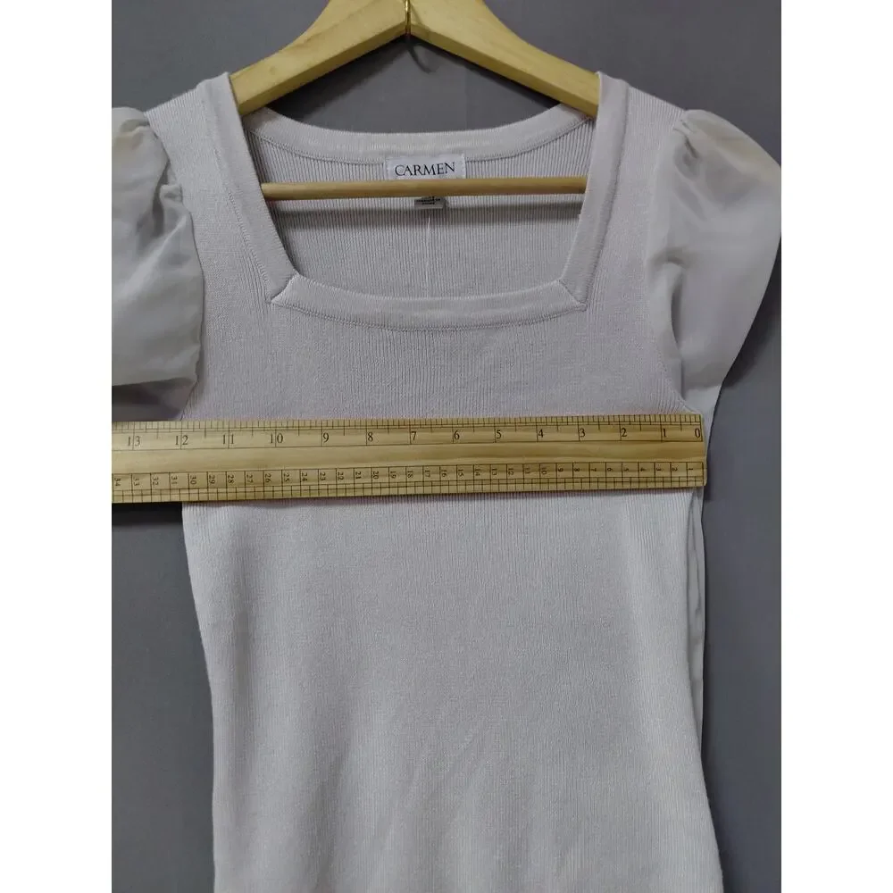 NWT Carmen Marc Valvo Ivory Satin Knit Stretch Puff Sleeve Top Women Size XS - Picture 9 of 13